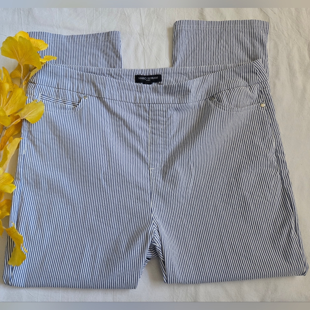 Mario Serrani Womens Blue and White Striped Cropped Stretchy Capri Pants Size XL